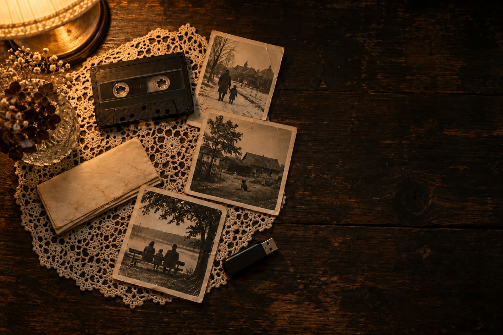 A cassette tape, old prints, a folded letter and a USB stick laid out on a lace doily