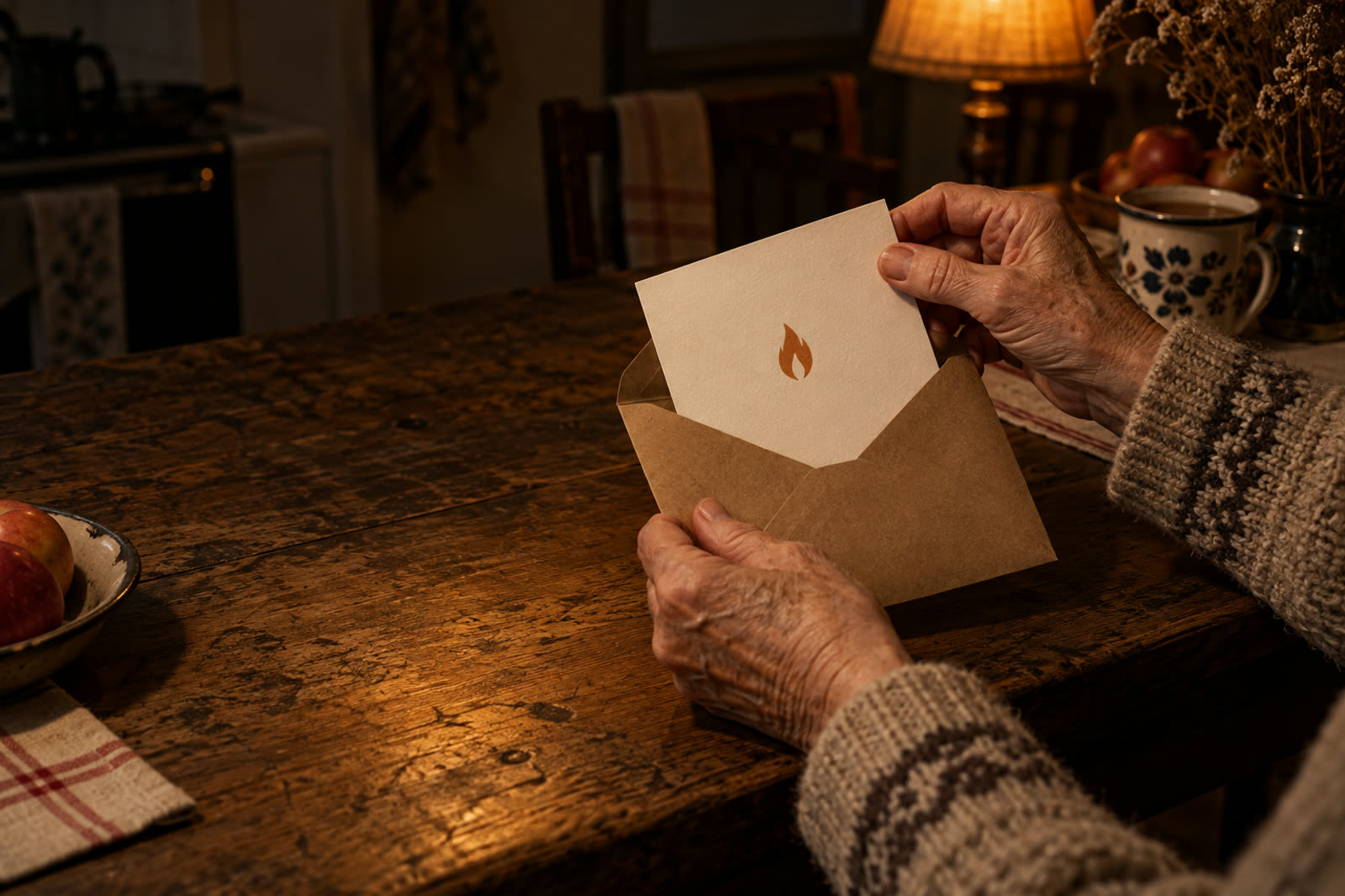 Hands opening a kraft envelope holding a Firelight card, under lamp light