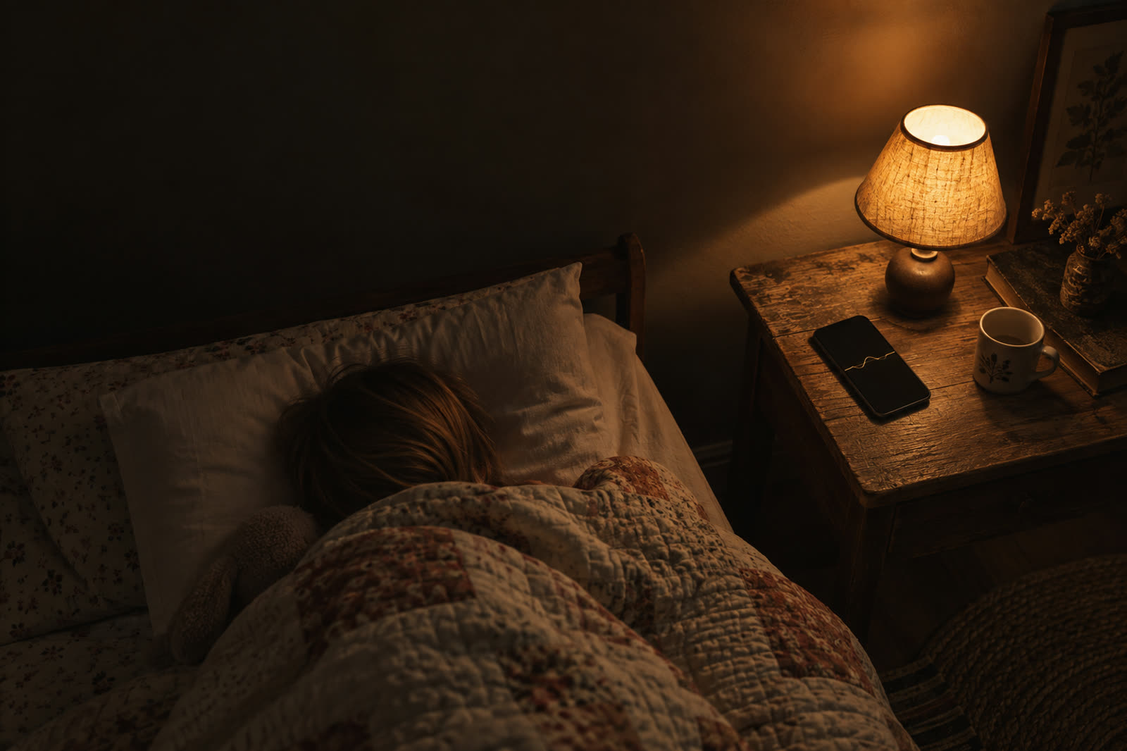 A child asleep under a quilt with a phone on the bedside table playing a story