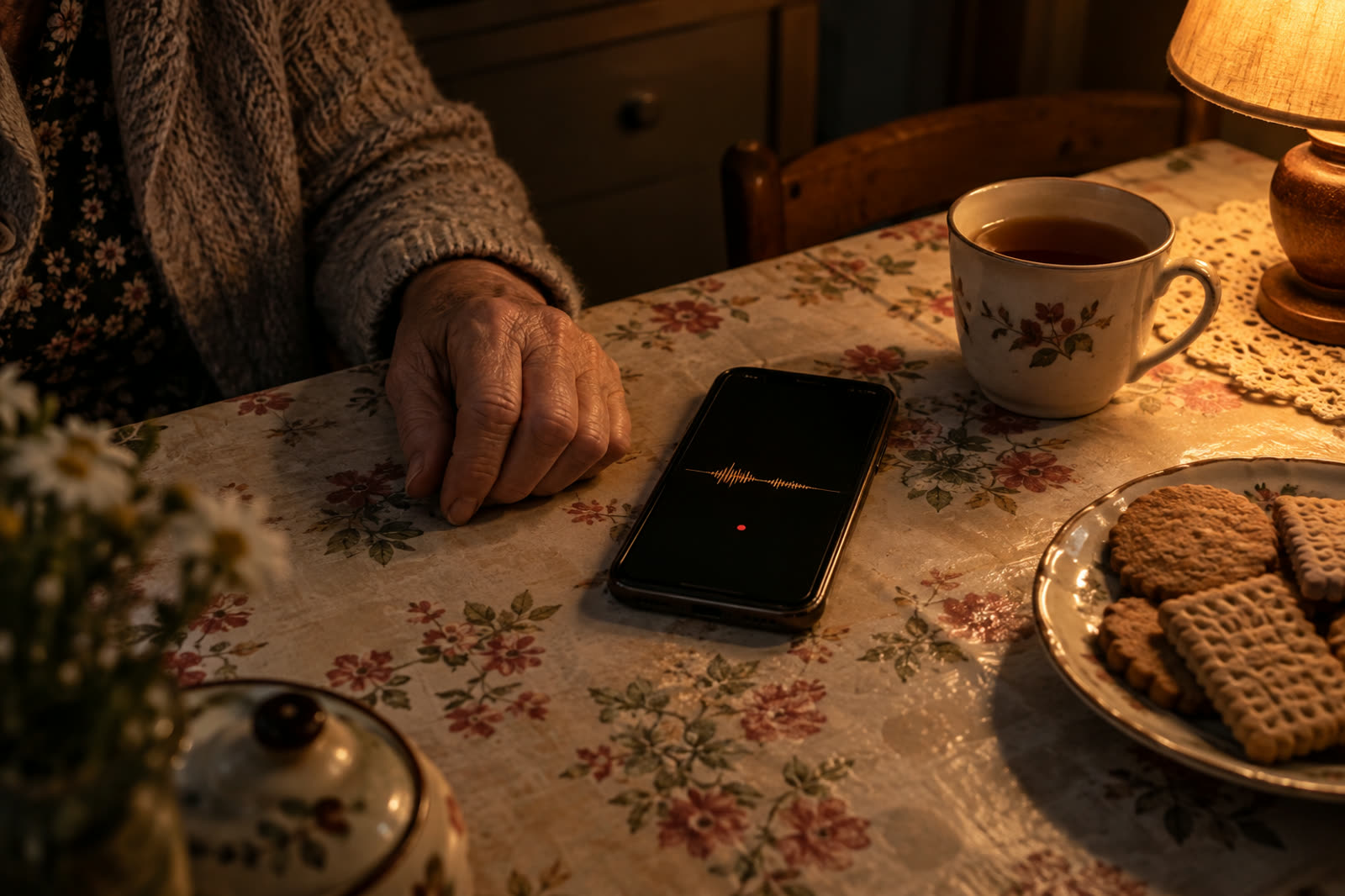 A phone on an oilcloth table showing a waveform, beside a cup of tea and a grandmother's hand